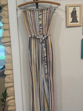 Striped Smocked Strapless Jumpsuit in Pastel Multi